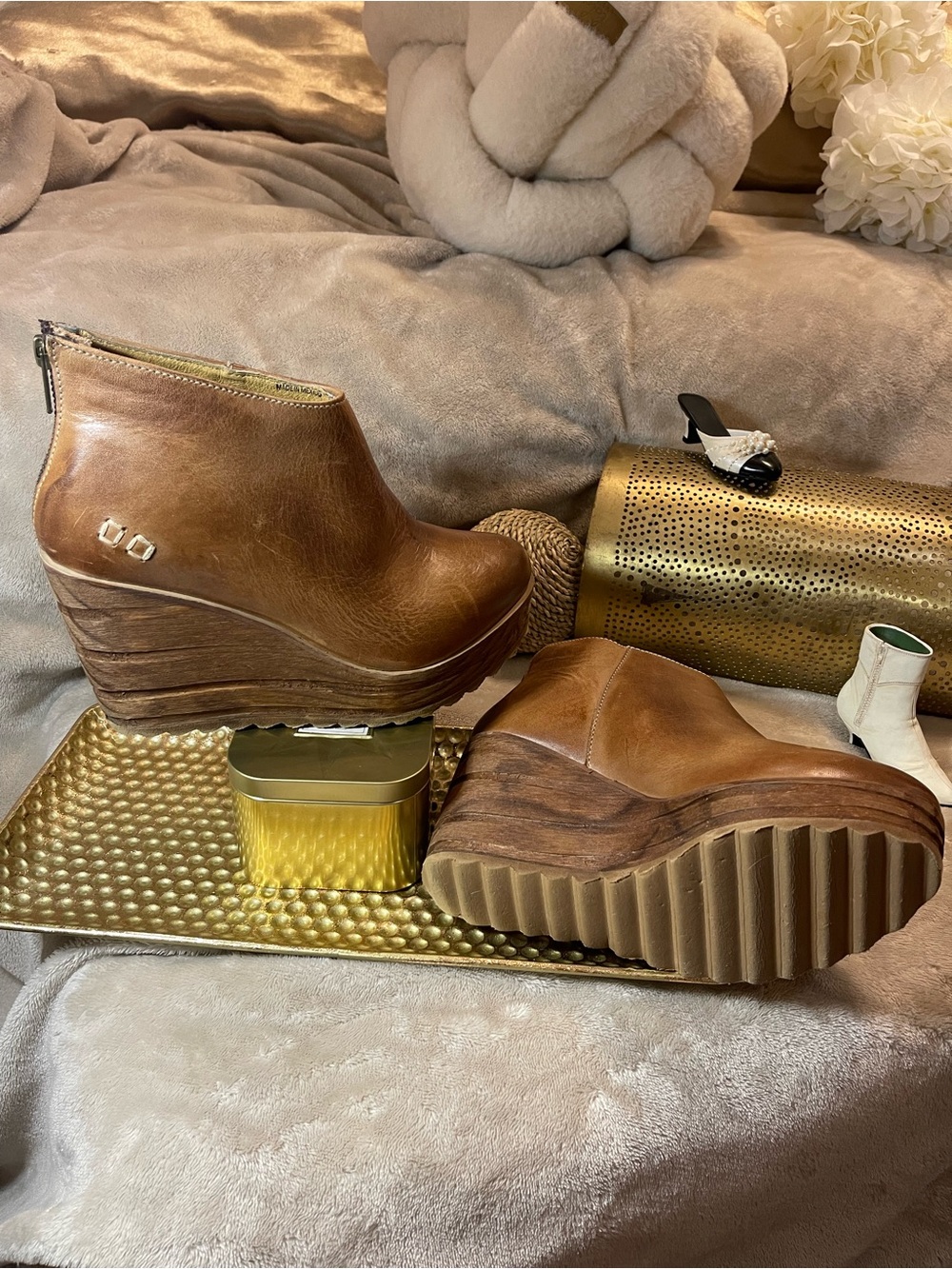 Bed Stu “Riminisced” Leather Stacked Wedge Ankle Booties in Brown/Tan